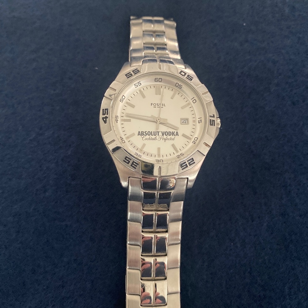 Fossil watch stainless steel with Absolut logo.